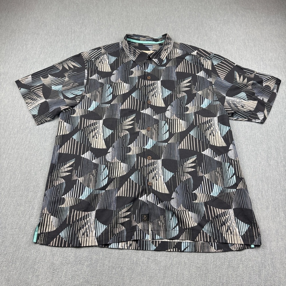 Tommy Bahama Shirt Men XL Black Geometric Silk Button-Down Short Sleeve Camping